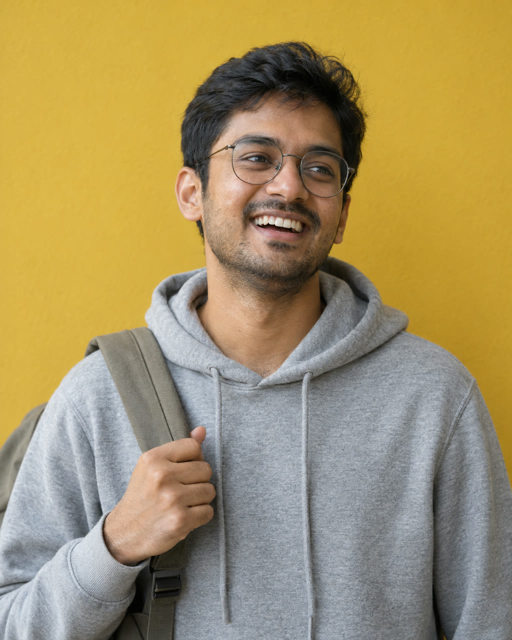 Man with glasses and a backpack laughs