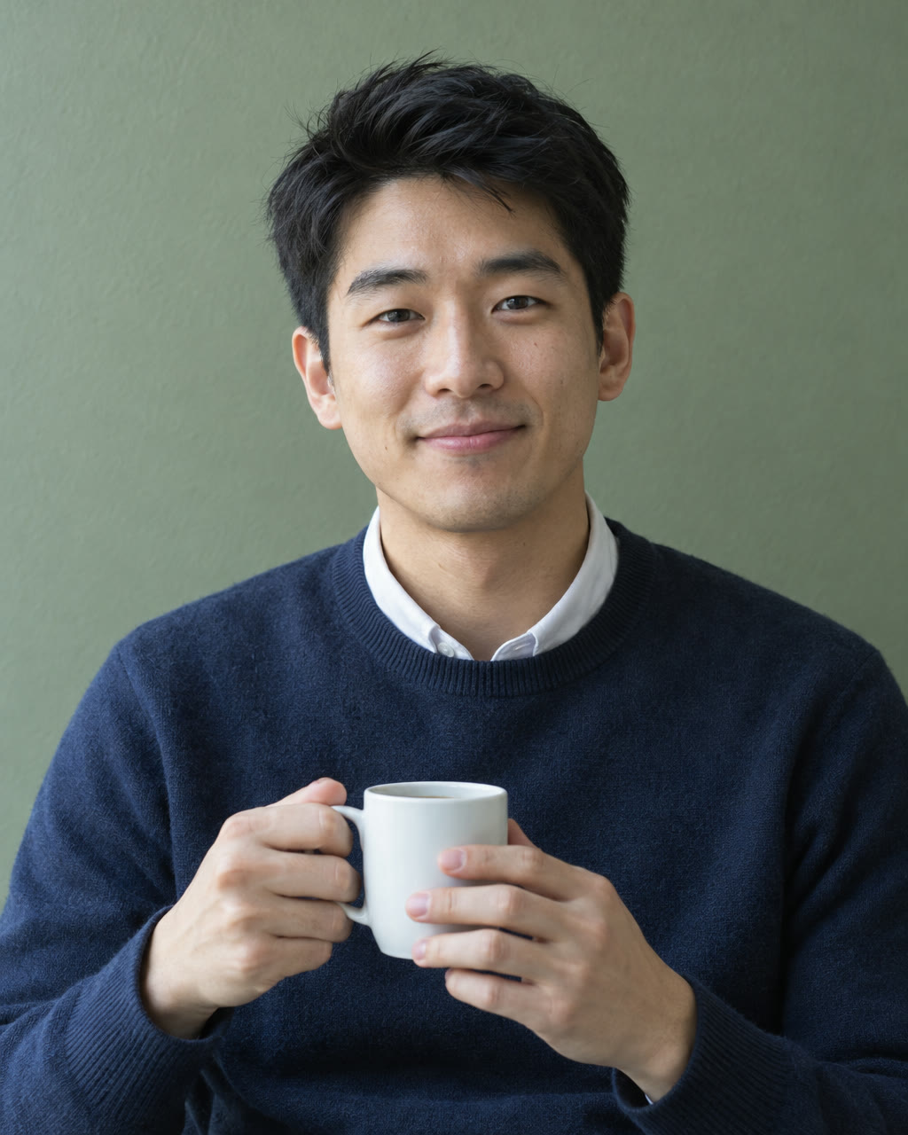 Man holds a coffee cup and smiles